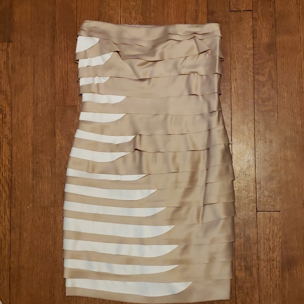 Tan and white strapless dress